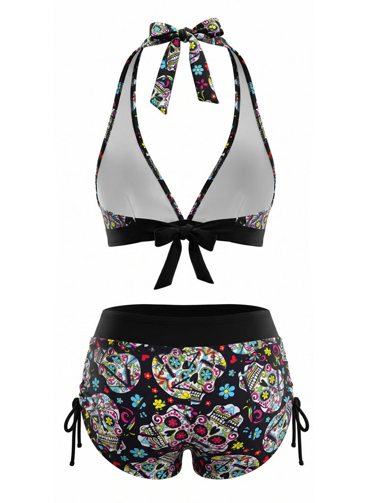 Mehrfarbiges 80er Gothic Bikini-Set mit Neckholder und Totenkopf