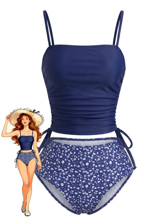 Marineblaues 50er Tankini-Set mit Blumen und Kordelzug-Taille