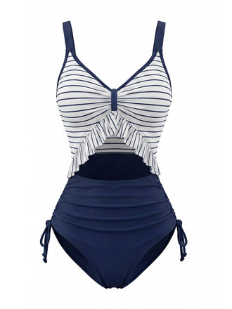 Marineblauer 80er Maritim Badeanzug mit Rüschen und Kordelzug