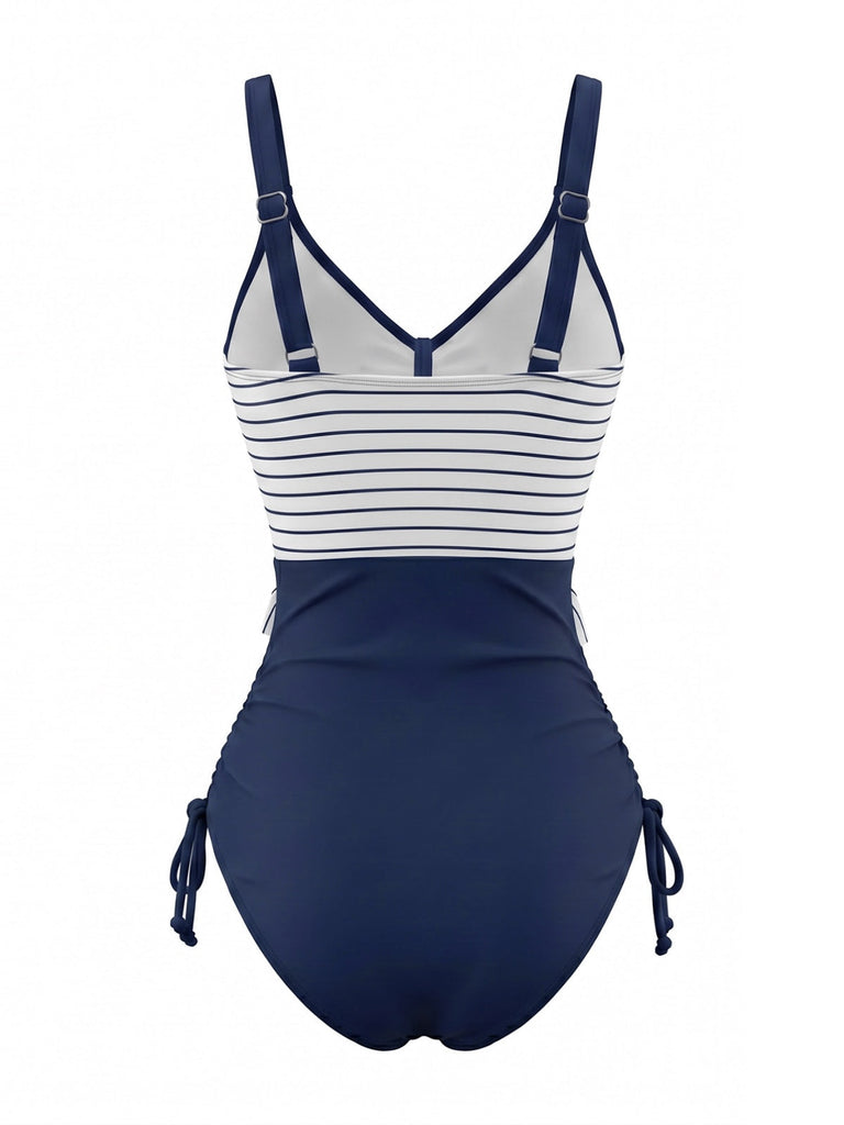 Marineblauer 80er Maritim Badeanzug mit Rüschen und Kordelzug