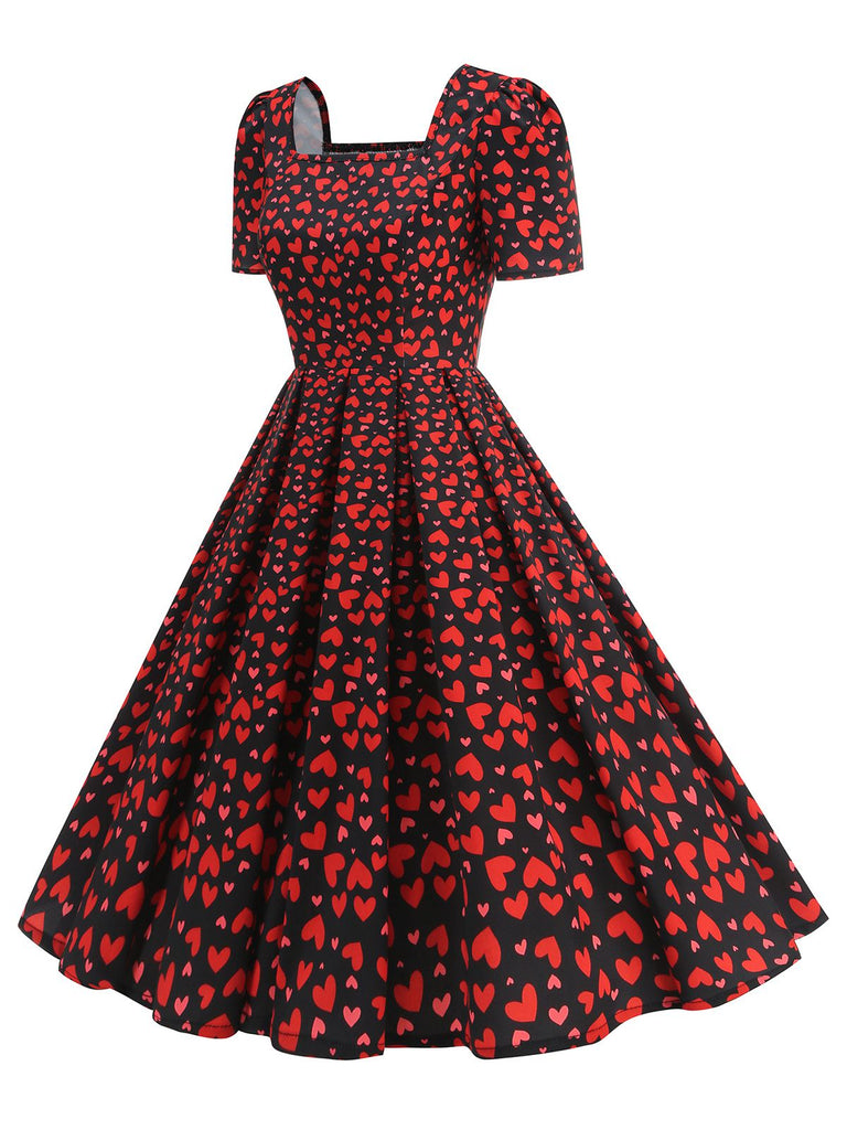 1950er Quadratischer Hals Herz Dots Kleid