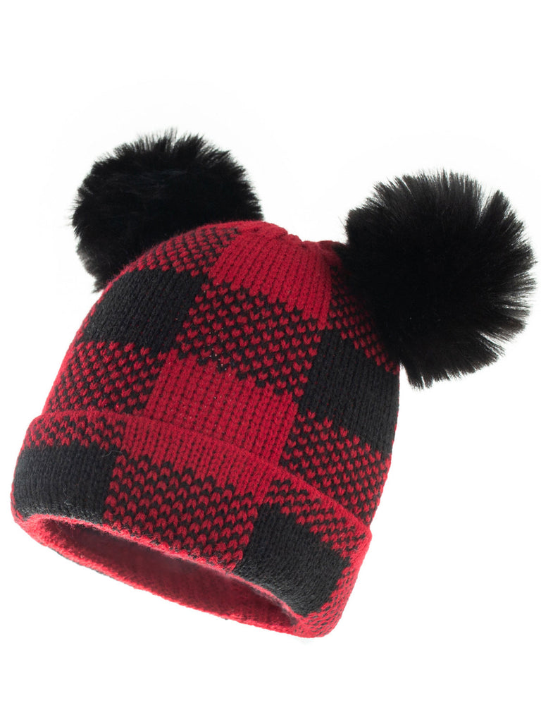 Rot & Schwarz Plaid Haarballen Gestrickt Kindermütze