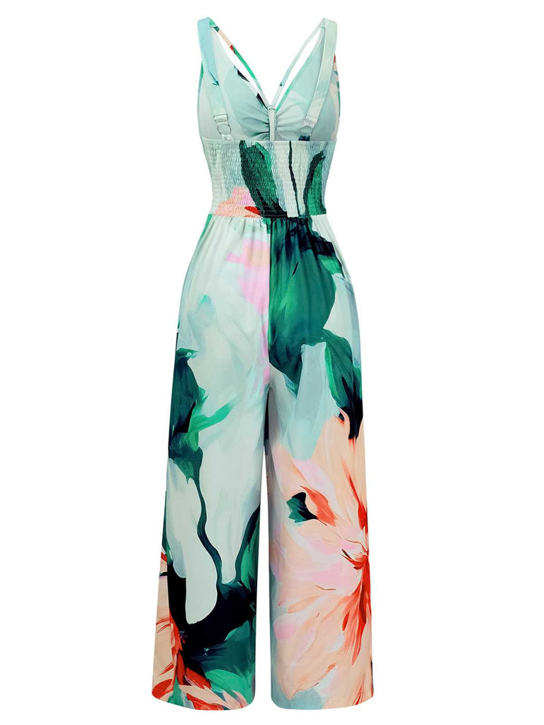 1970er Träger V-Ausschnitt Blumen Gesmokt Jumpsuit