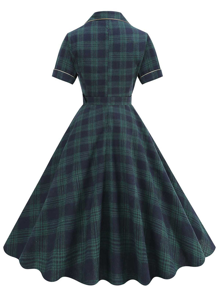 Grün 1950er Revers Plaids Swing Kleid