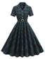 Grün 1950er Revers Plaids Swing Kleid