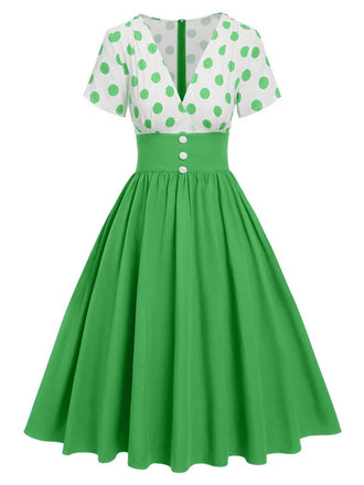 Grün 1950er V-Ausschnitt Pünktchenkleid Swing Kleid