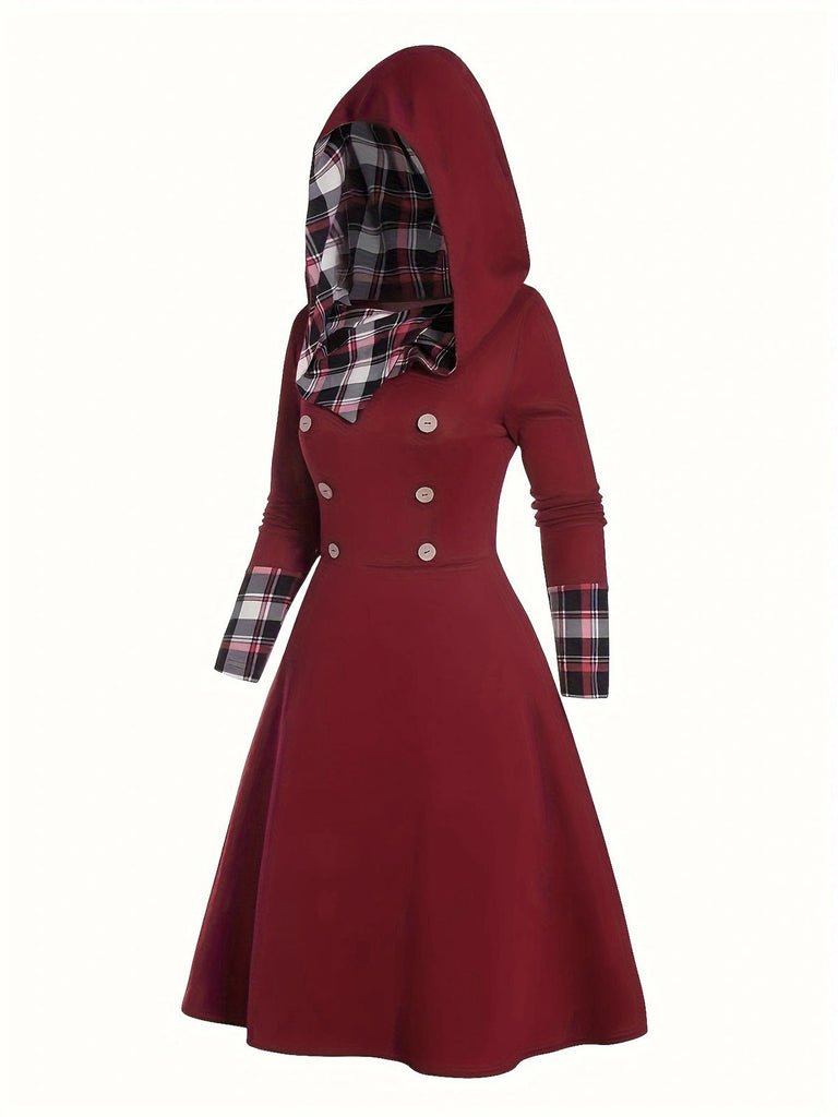 Weinrot 1950er Plaid Patchwork Kapuze Kleid