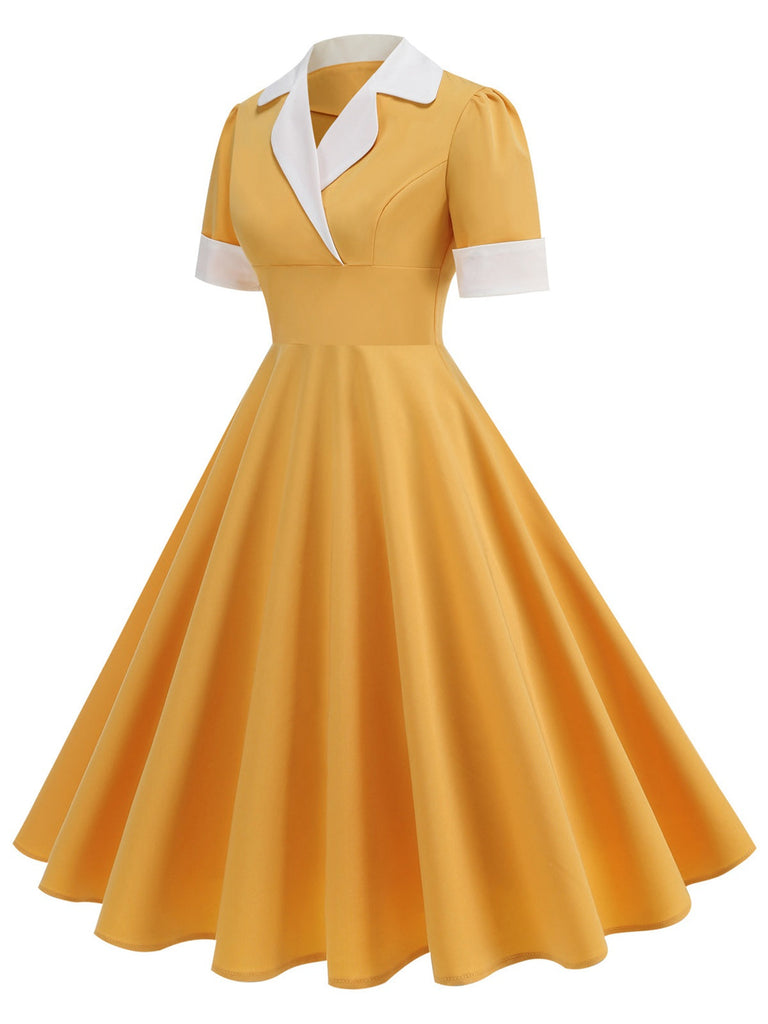 1950er Gekerbter Kragen Farbblock Swing Kleid