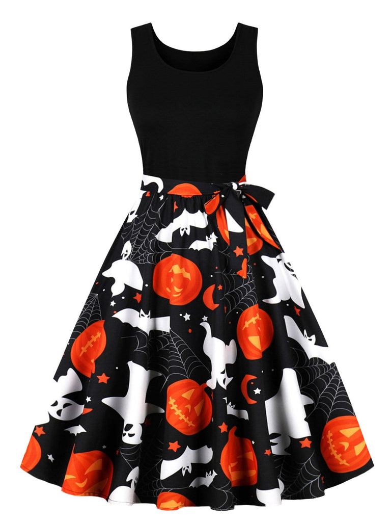 1950er Halloween Kürbis Patchwork Ärmelloses Kleid