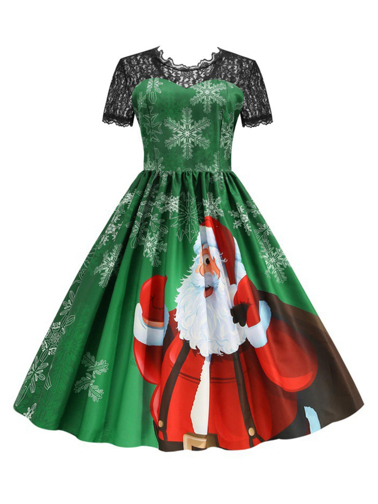 Grün 1950er Weihnachten Weihnachtsmann Spitze Patchwork Kleid