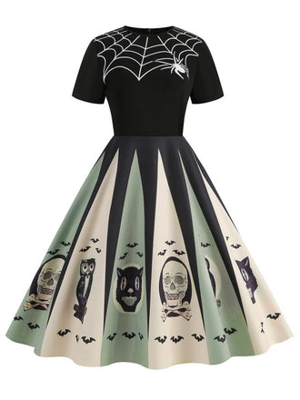 1950er Halloween Spinnennetz Druck Patchwork Kleid