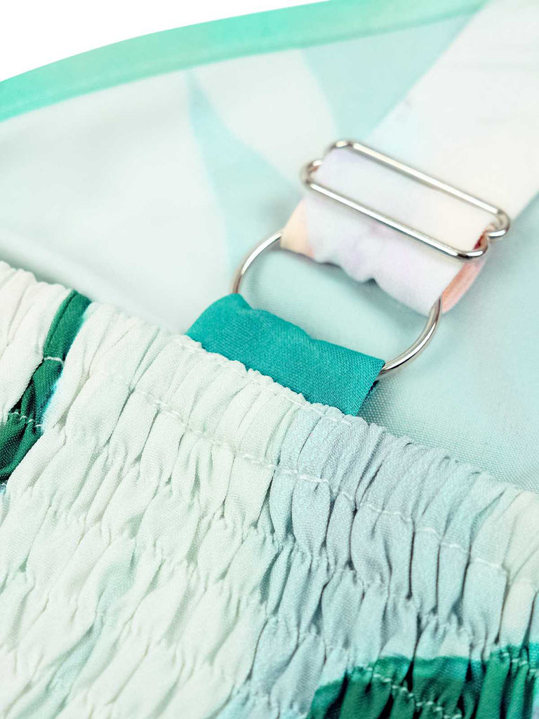 1970er Träger V-Ausschnitt Blumen Gesmokt Jumpsuit