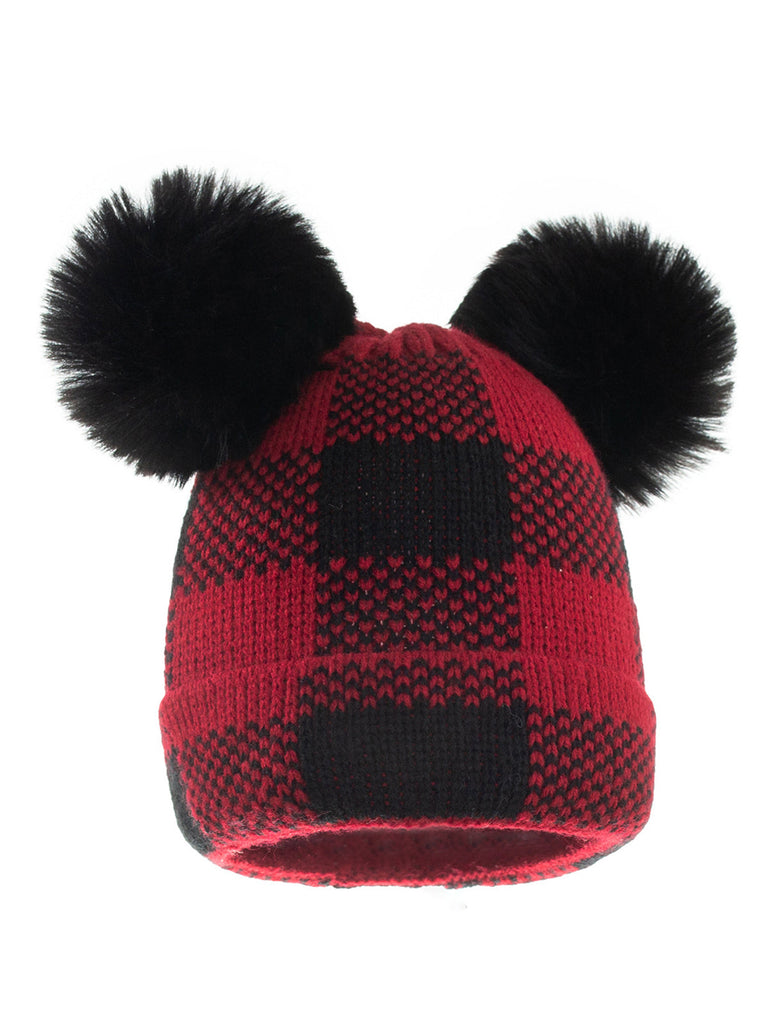 Rot & Schwarz Plaid Haarballen Gestrickt Elternhut