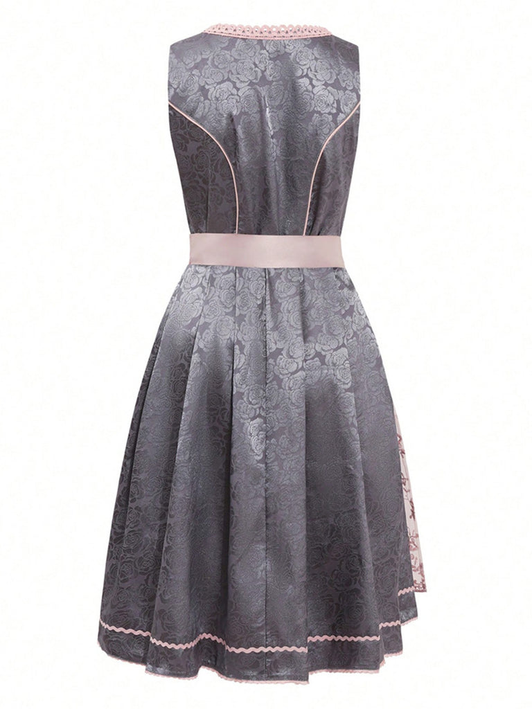 2PCS Rosa 1950er Oktoberfest Dirndl Blumen Jacquard Kleid & Schürze