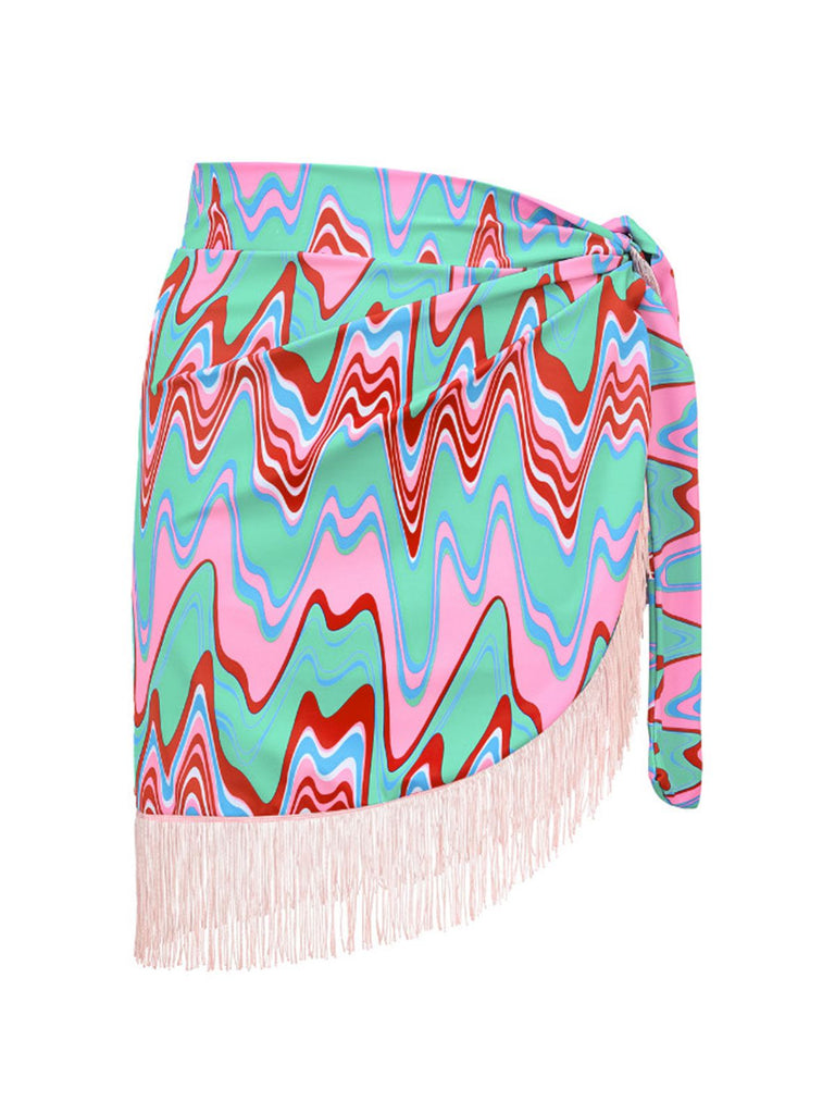 2PCS 1970er Fransendruck Schnürung Halter Bikini Set & Cover-Up