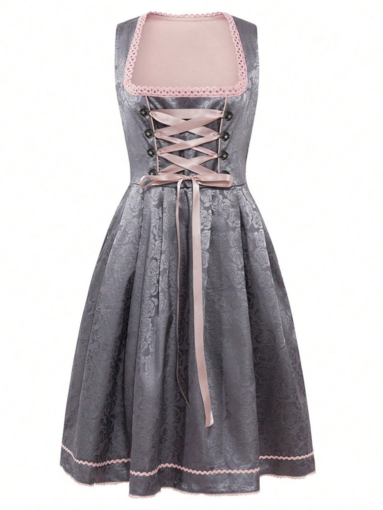 2PCS Rosa 1950er Oktoberfest Dirndl Blumen Jacquard Kleid & Schürze