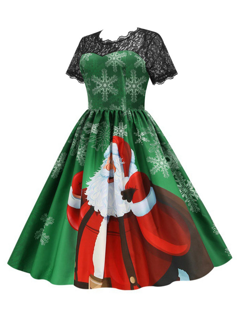 Grün 1950er Weihnachten Weihnachtsmann Spitze Patchwork Kleid