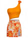 Orangefarbenes, einteiliges Badekleid im Stil der 1940er Jahre mit 3D-Blumenmuster und asymmetrischem Träger auf weißem Hintergrund