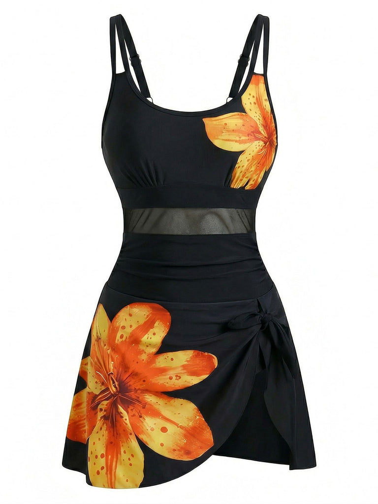 Orange 1940er Blumen Riemchen Rundausschnitt Schnür Netz Badekleid