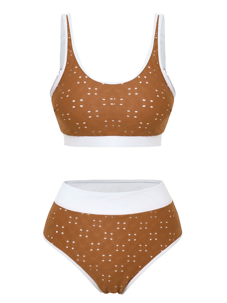 Tankini-Set mit Lochstickerei, hohem Bund und Farbblock-Design aus den 1940er Jahren – Vintage-Mode, Retro-Stil