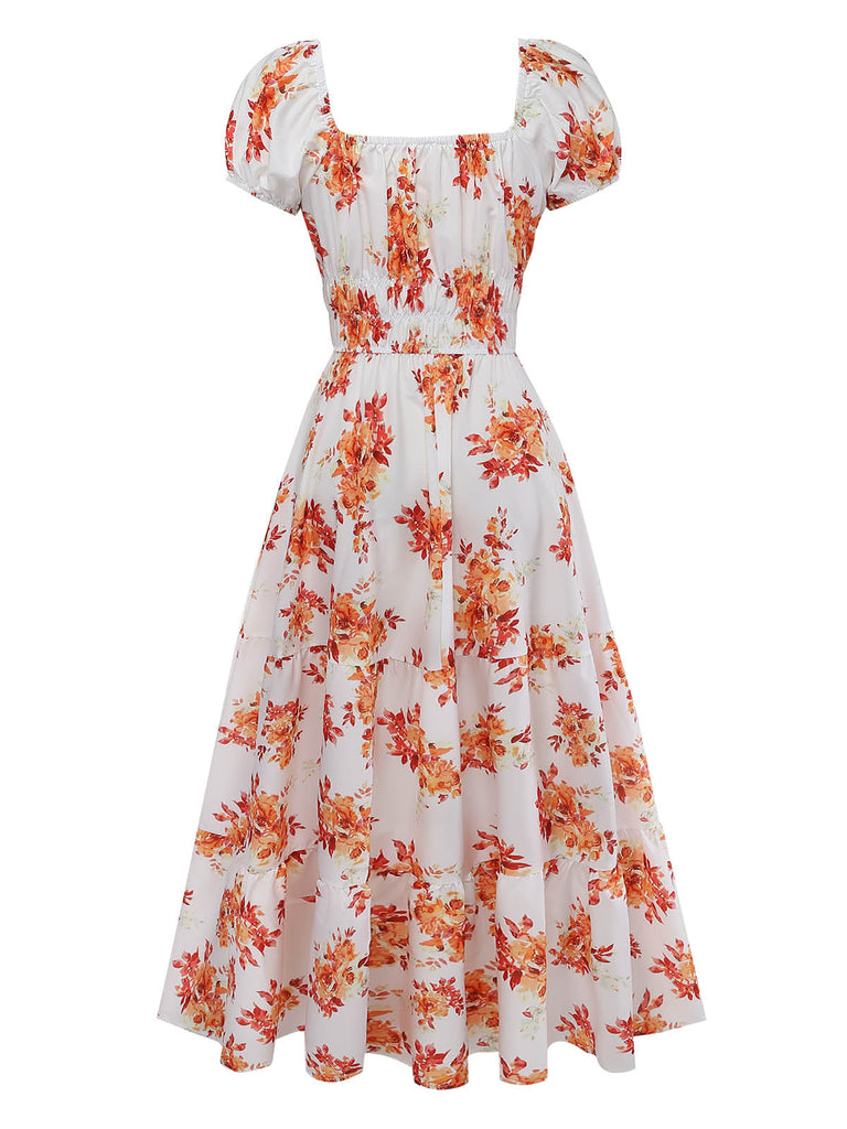 Orange 40er Kleid mit Puffärmel und Blumen