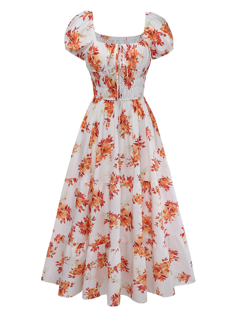 Orange 40er Kleid mit Puffärmel und Blumen