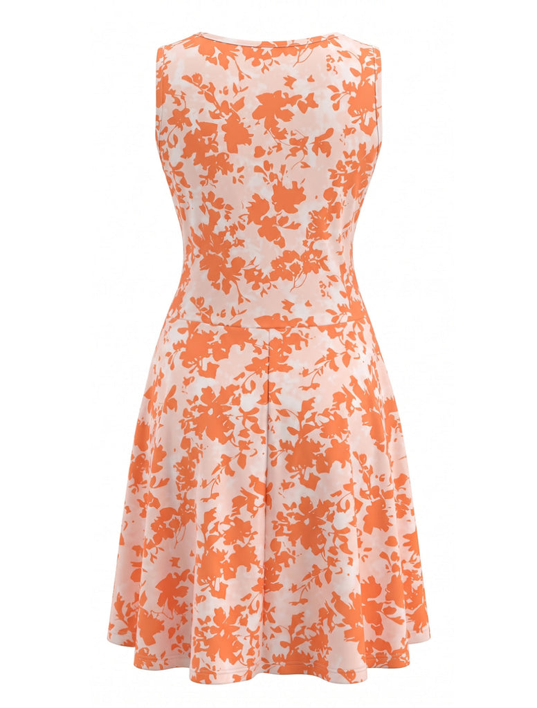 Orange 70er Ärmelloses Raffkleid mit Blumen-Print und V-Ausschnitt