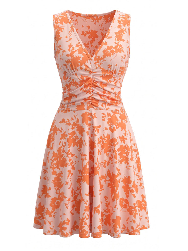 Orange 70er Ärmelloses Raffkleid mit Blumen-Print und V-Ausschnitt