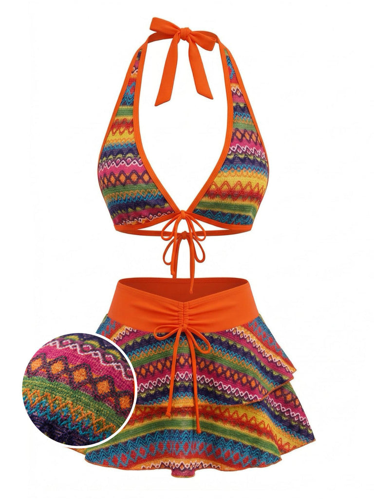 Orange 1980er Boho Irregulär Bikini-Set & Abdeckung Up