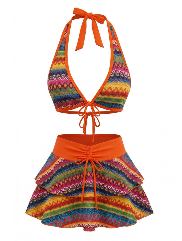 Orange 1980er Boho Irregulär Bikini-Set & Abdeckung Up