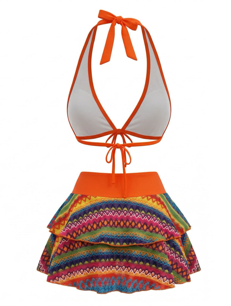 Orange 1980er Boho Irregulär Bikini-Set & Abdeckung Up
