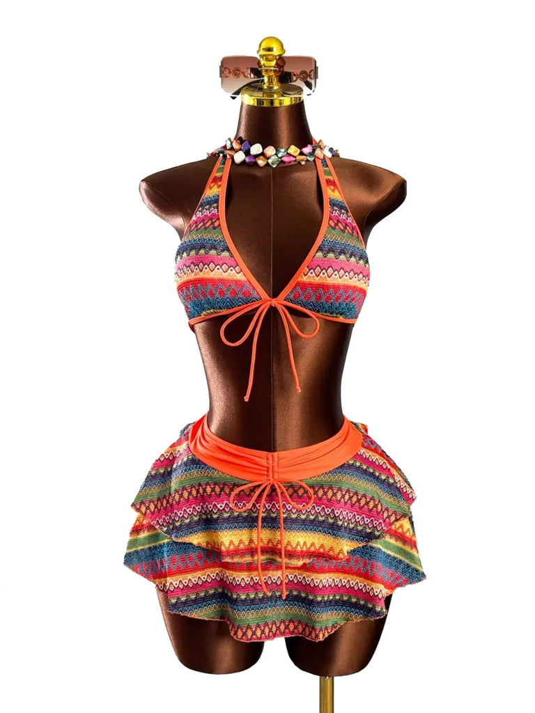 Orange 1980er Boho Irregulär Bikini-Set & Abdeckung Up