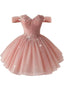 [Vorverkauf] Rosa 50er schulterfreies Ballkleid aus Tüll mit Blumen und Glitzer