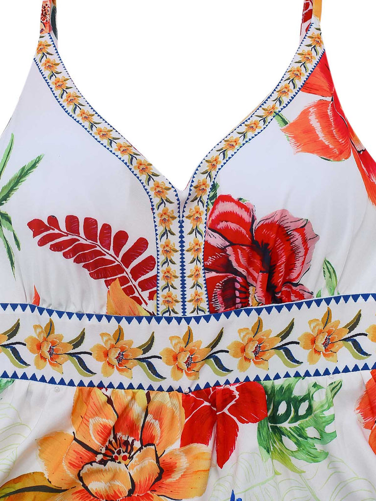 Mehrfarbiges 70er Ärmelloses Maxikleid mit V-Ausschnitt und Blumen