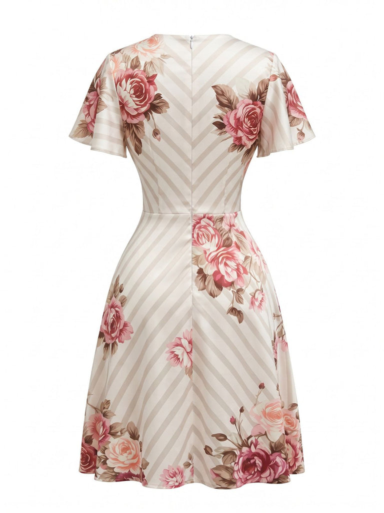 60er Satin-Kleid mit Flatterärmel und V-Ausschnitt
