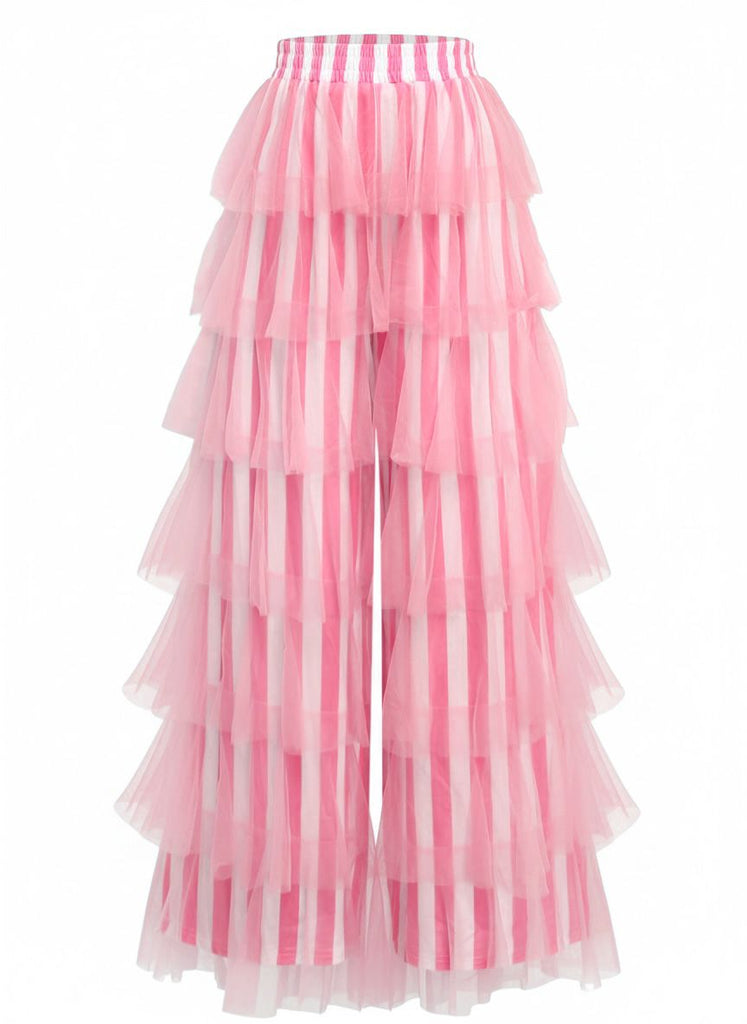 1970er Vertikale Streifen Netz Stufen Rüschen Hose