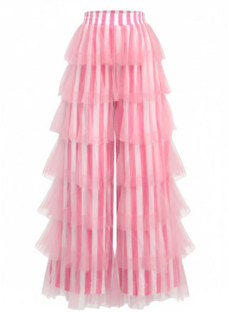 Rosa 1970er Vertikale Streifen Netz Stufen Rüschen Hose