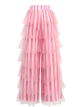 1970er Vertikale Streifen Netz Stufen Rüschen Hose