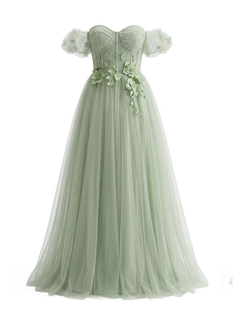 Grünes 30er Swingkleid mit Schulterfreiheit und Blumen