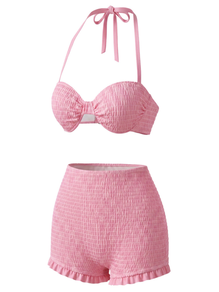 Rosa 50er Bikini-Set mit Neckholder und Erdbeere