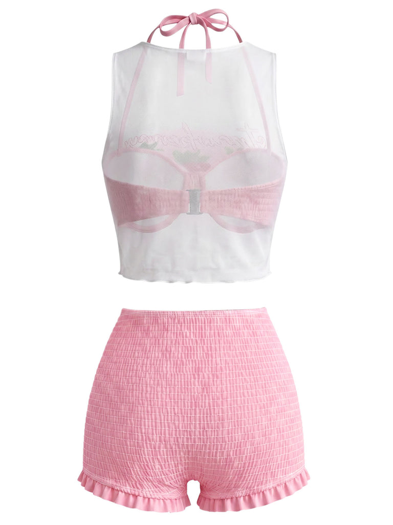 Rosa 50er Bikini-Set mit Neckholder und Erdbeere