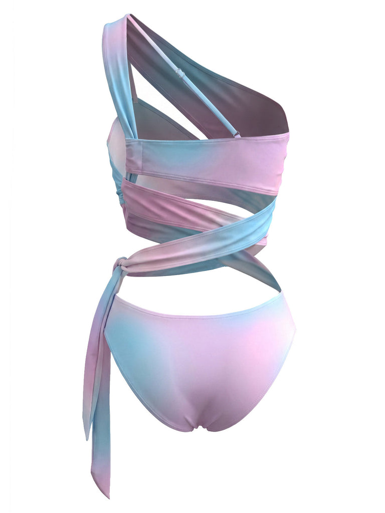 Rosa 60er Badeanzug mit One-Shoulder und Ombre