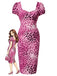 Leoparden-Printes & Rosa 60er Bodycon-Kleid mit Herzausschnitt