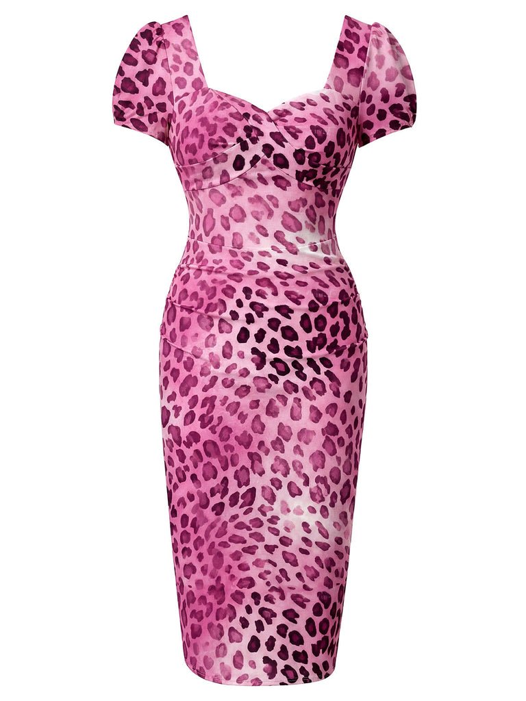 Leoparden-Printes & Rosa 60er Bodycon-Kleid mit Herzausschnitt