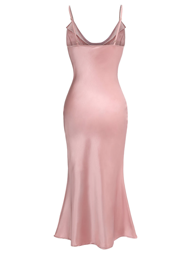 30er Satin-Maxikleid mit Spinnennetz und Wasserfallausschnitt