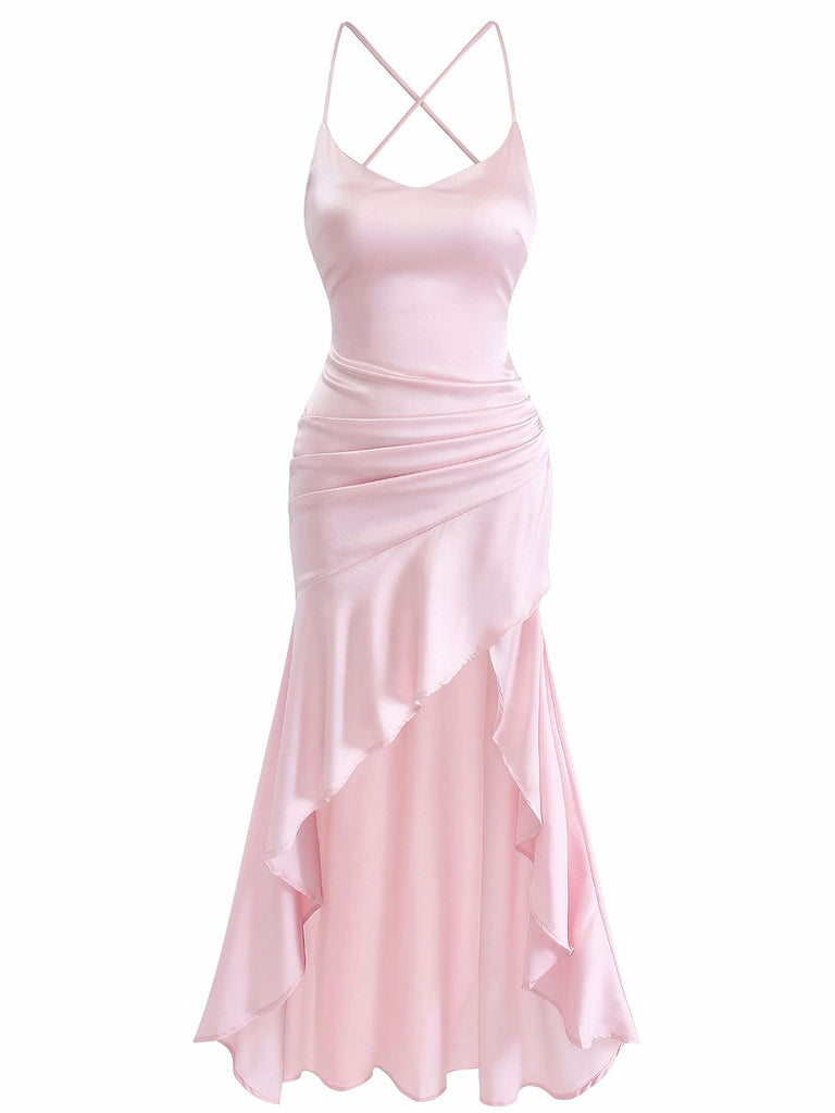 30er Satin-Maxikleid mit Spaghettiträger und Rüschen