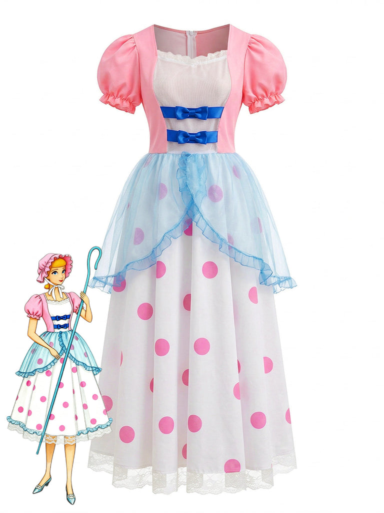 Rosa 1940er Bo Gucken Cosplay Puffärmel Polka Punkt Kleid