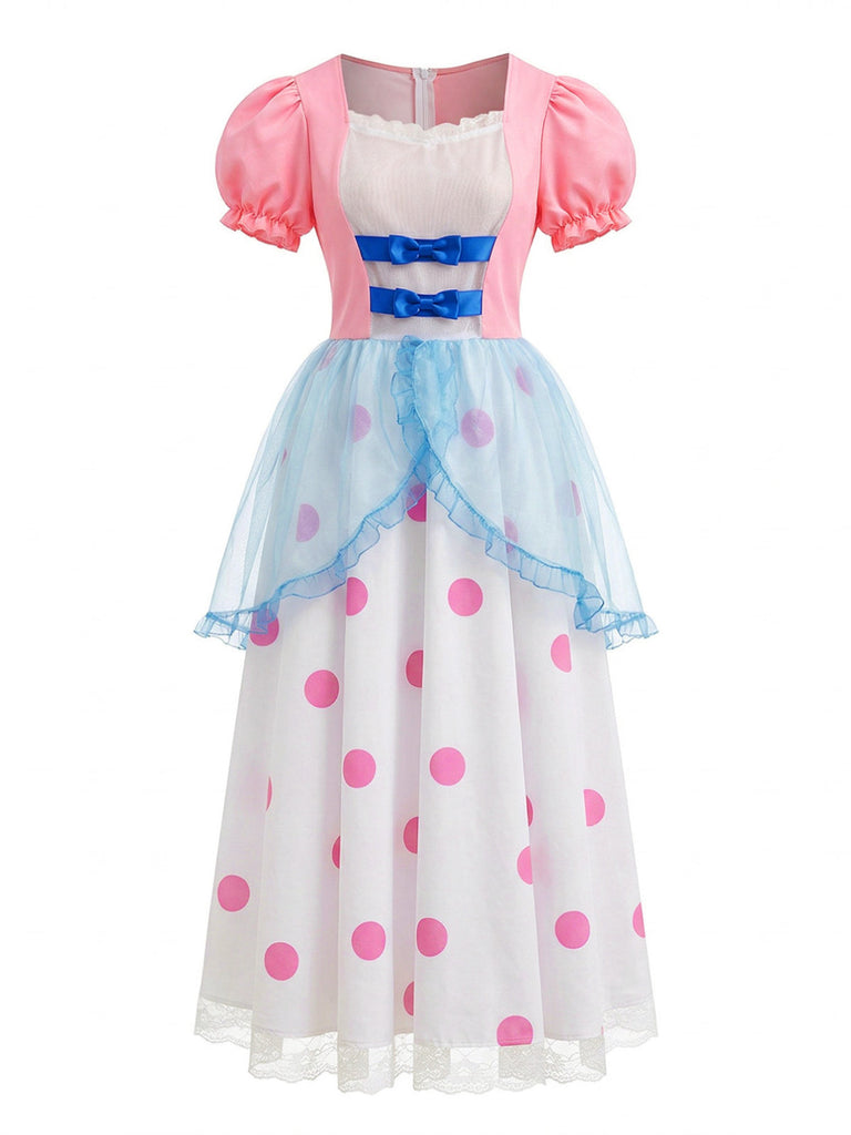 Rosa 1940er Bo Gucken Cosplay Puffärmel Polka Punkt Kleid
