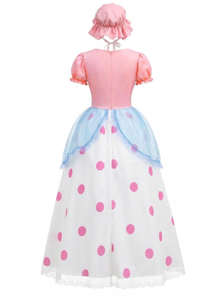 Rosa 1940er Bo Gucken Cosplay Puffärmel Polka Punkt Kleid