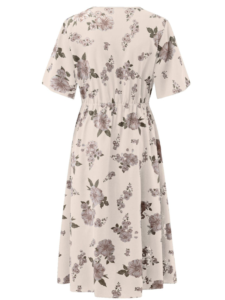 [Übergröße] Rosa 40er Kleid mit Blumen-Print und Kurzarm